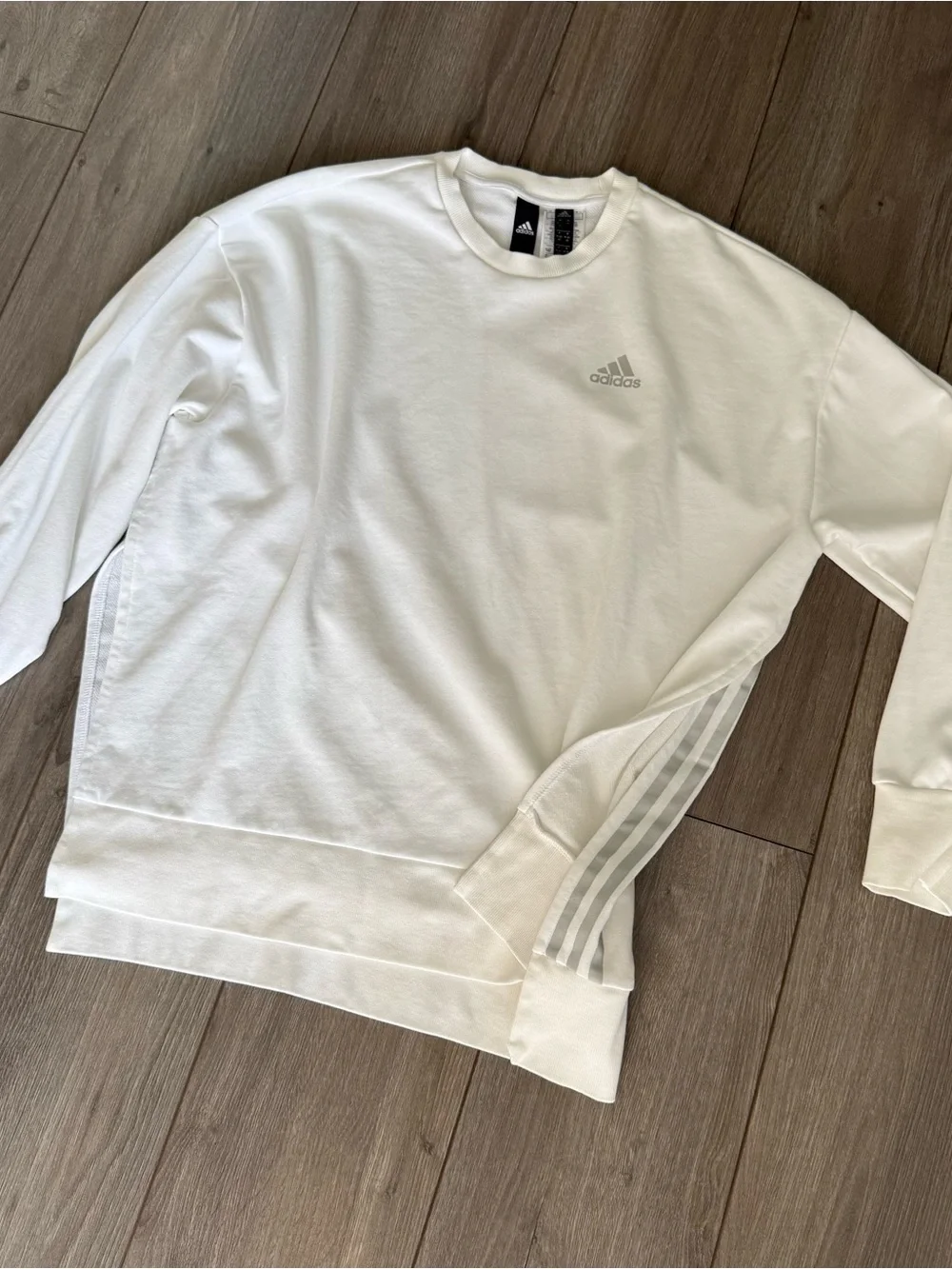 Adidas Crewneck Pullover Sweatshirt Side Split Stripe Logo White Silver Medium